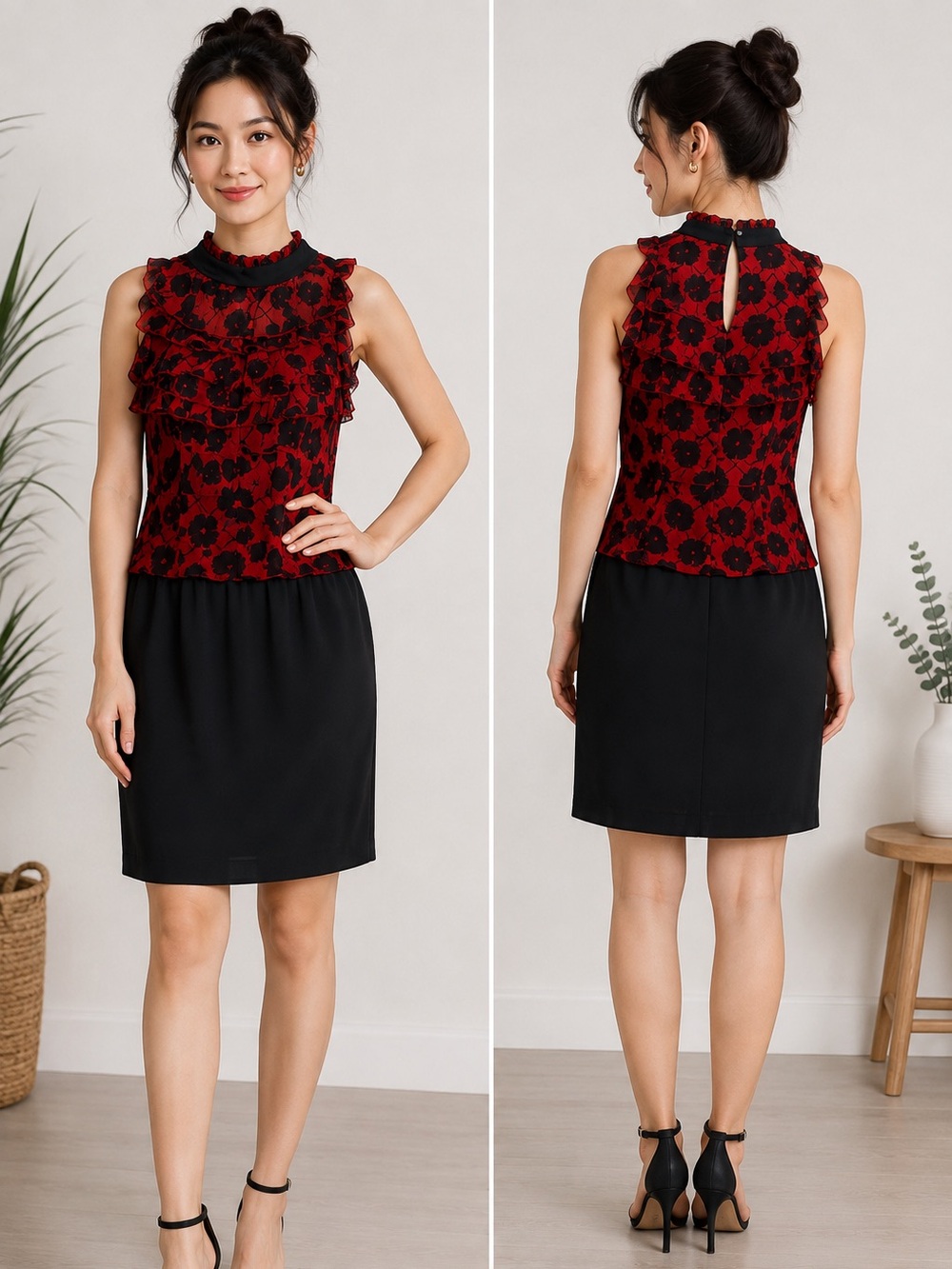 iROO NWT Red Black Floral Ruffle Dress Size Small High Neck Keyhole